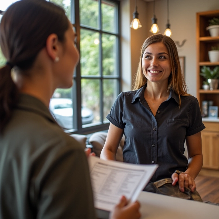 Mulher conversando com funcionário sobre troca. Interior da loja.