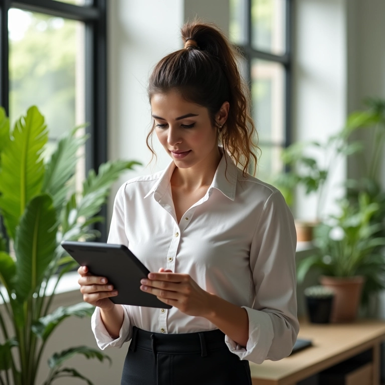 Mulher corrigindo dados do CAGED em tablet.