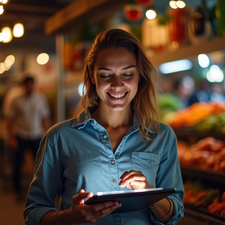 Mulher criando promoções personalizadas em tablet com sugestões de IA.