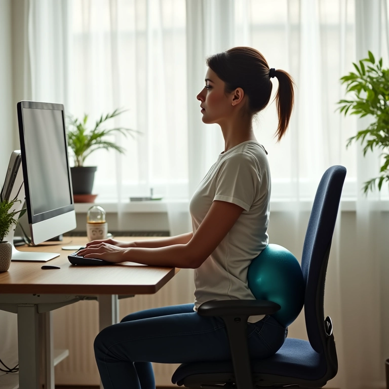 Mulher de meia-idade corrigindo a postura com exercícios e bola de estabilidade em casa.
