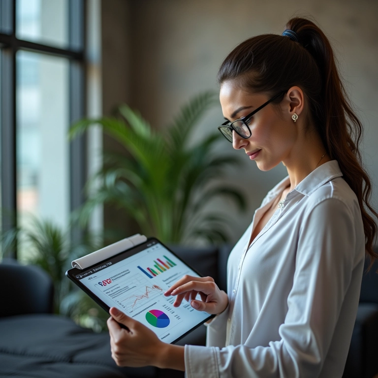 Mulher de negócios analisando relatórios SPED em tablet com gráficos.