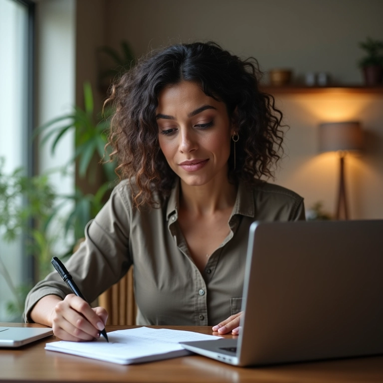 Mulher de negócios pesquisando seu público-alvo em um home office com decoração brasileira.