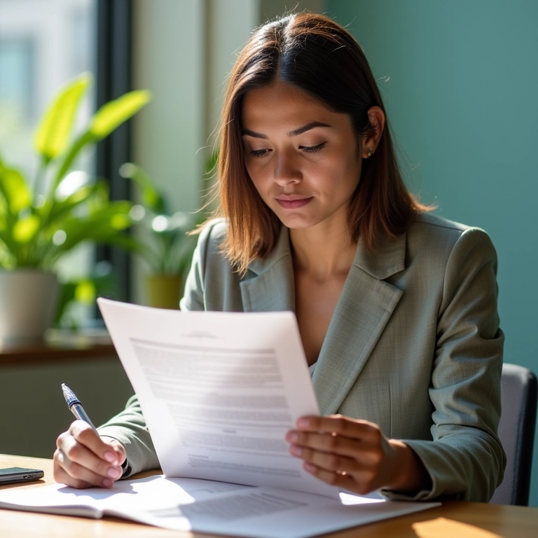 Mulher de negócios revisando documentos em um escritório vibrante em São Paulo.
