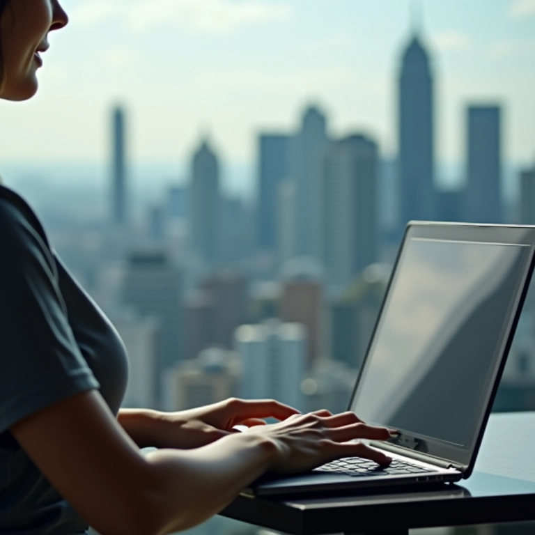 Mulher denunciando fraude online com skyline de SP ao fundo, representando combate a crimes virtuais.