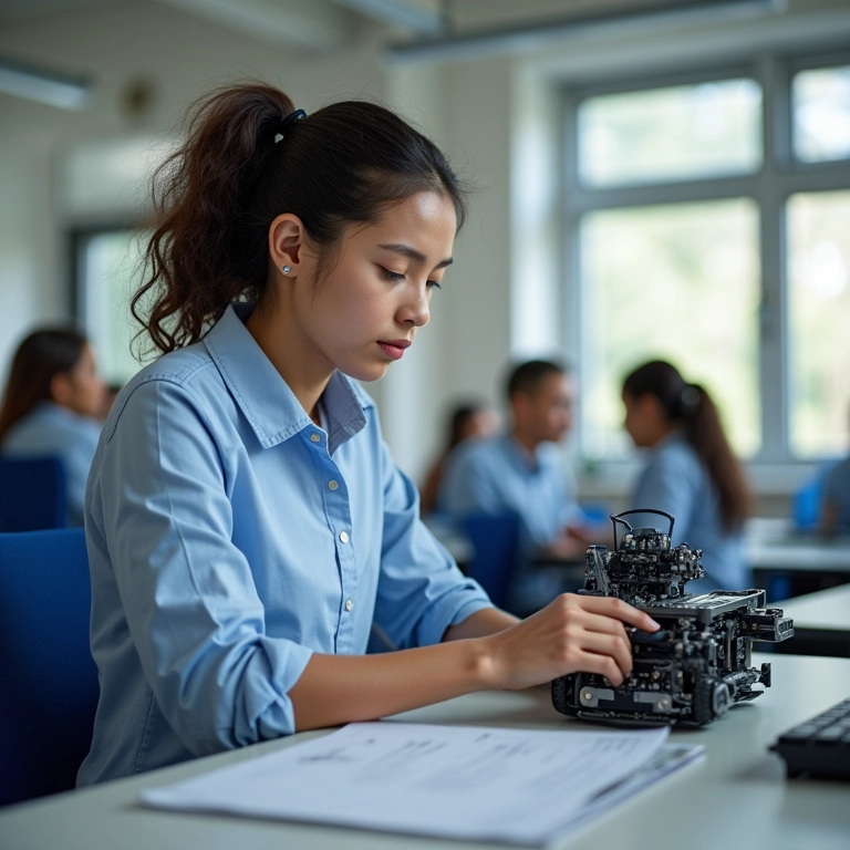 Mulher em sala de aula do SENAI trabalhando em projeto de robótica.