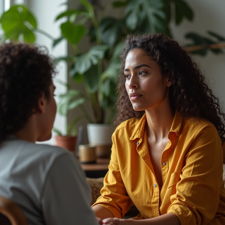 Mulher em sessão de terapia, discutindo seus sentimentos com terapeuta.