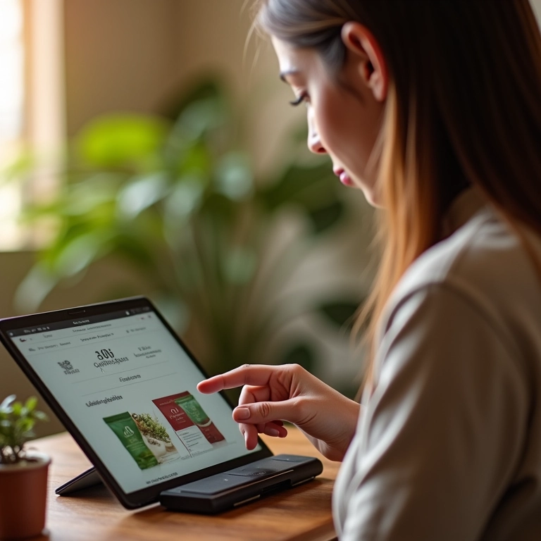 Mulher escolhendo chá em site de e-commerce. Conceito de Tráfego Qualificado.