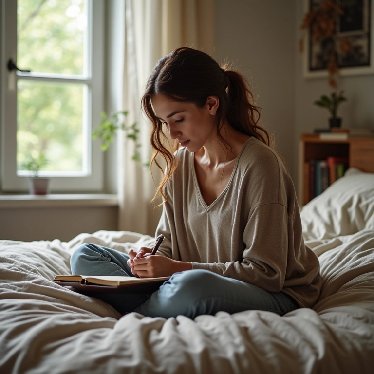 Mulher escrevendo em diário na cama, promovendo a autoconsciência.