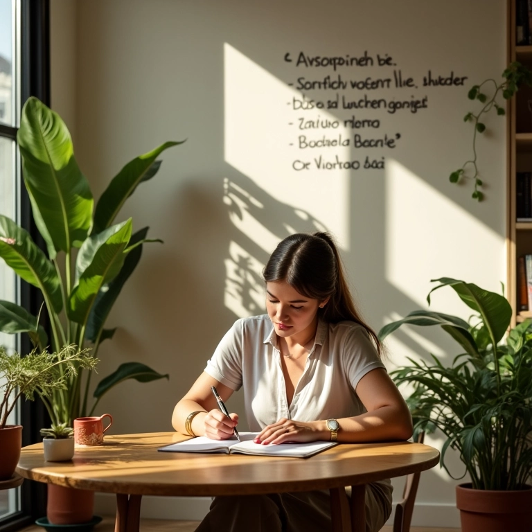 Mulher escrevendo em diário, representando a prática de começar o dia com uma intenção positiva.