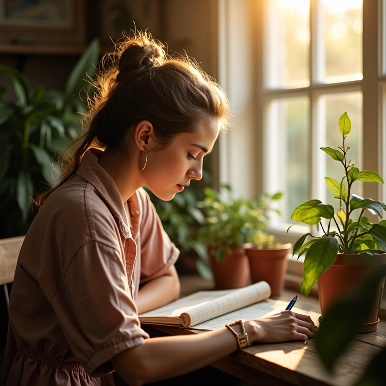 Mulher escrevendo em um diário, desafiando pensamentos negativos em um ambiente iluminado e inspirador.