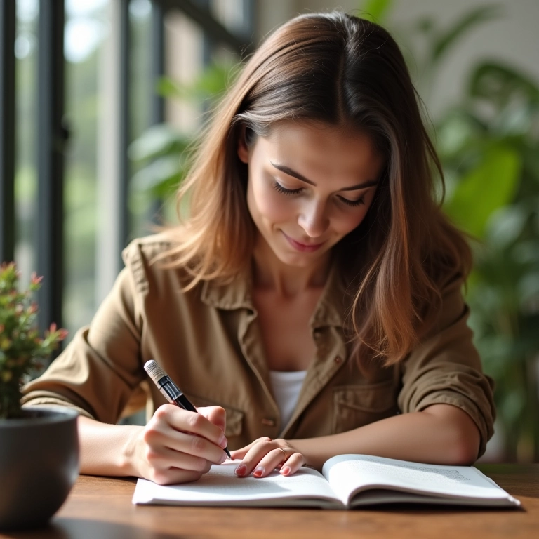 Mulher escrevendo em um diário, praticando autoconhecimento.