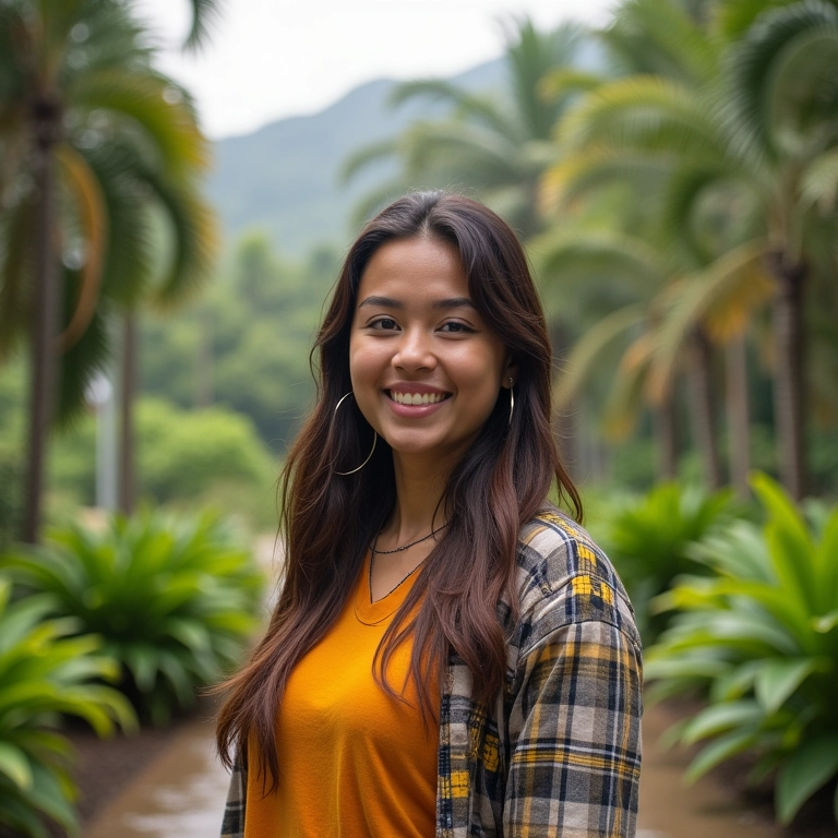 Mulher estudando no campus da USP, em estilo Farm Rio vibrante.