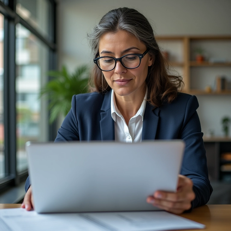 Mulher examinando contrato digital com ícone do Código de Defesa do Consumidor.