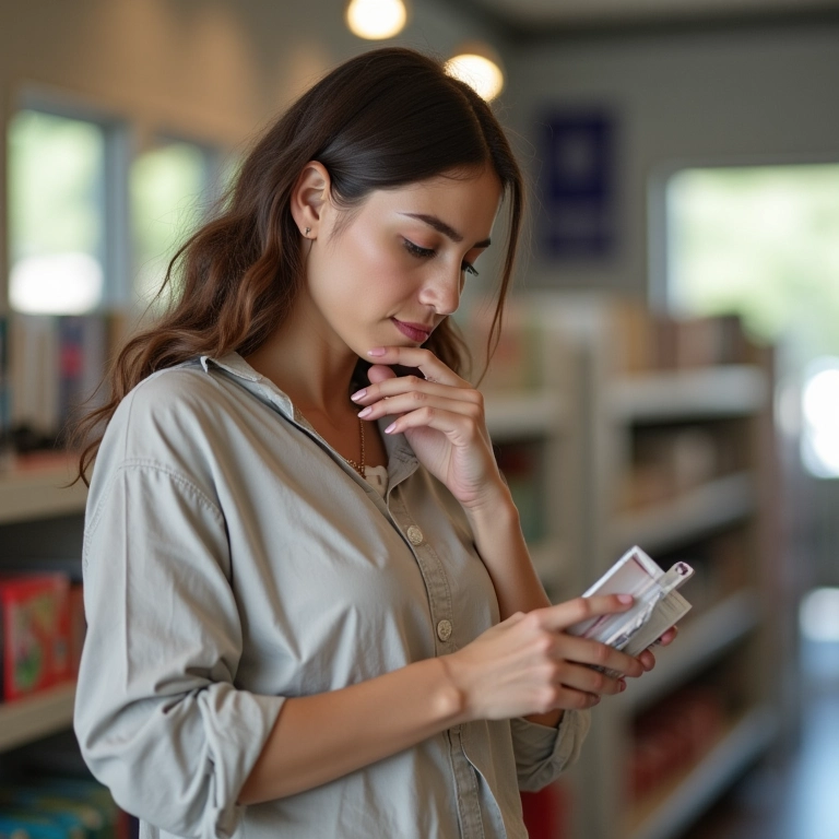 Mulher examinando produto em loja. Política de devolução visível na parede.