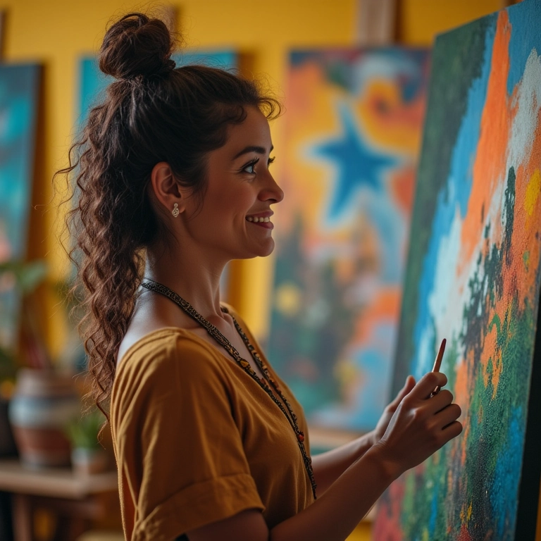 Mulher feliz admirando pintura finalizada, celebrando suas conquistas.