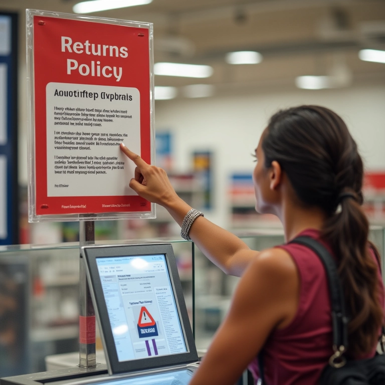 Mulher frustrada no balcão apontando para política de devolução.