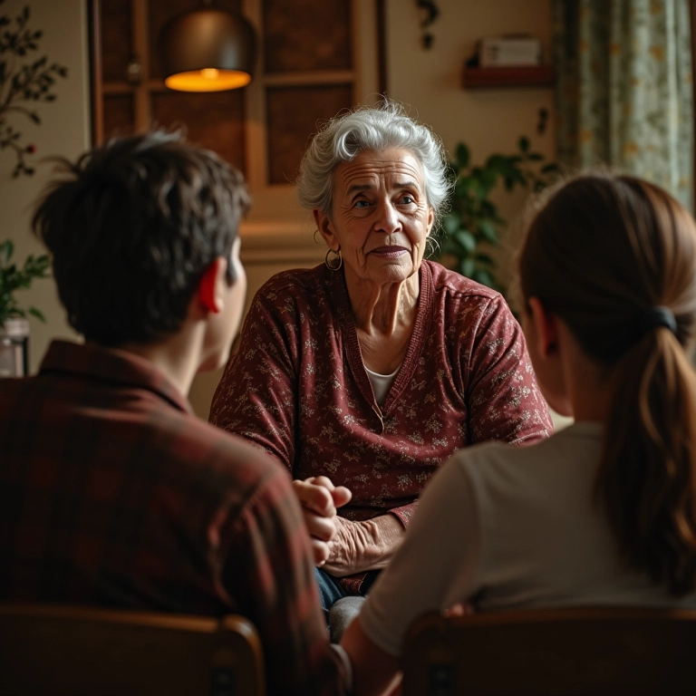 Mulher idosa conta lenda local para jovens em sala decorada em estilo Farm Rio.