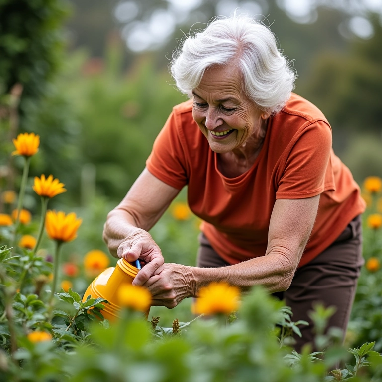 Mulher idosa cuidando de plantas, representando a gratidão como combustível para a alma.