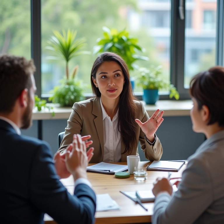 Mulher incentivando colegas a expressarem opiniões divergentes em reunião.