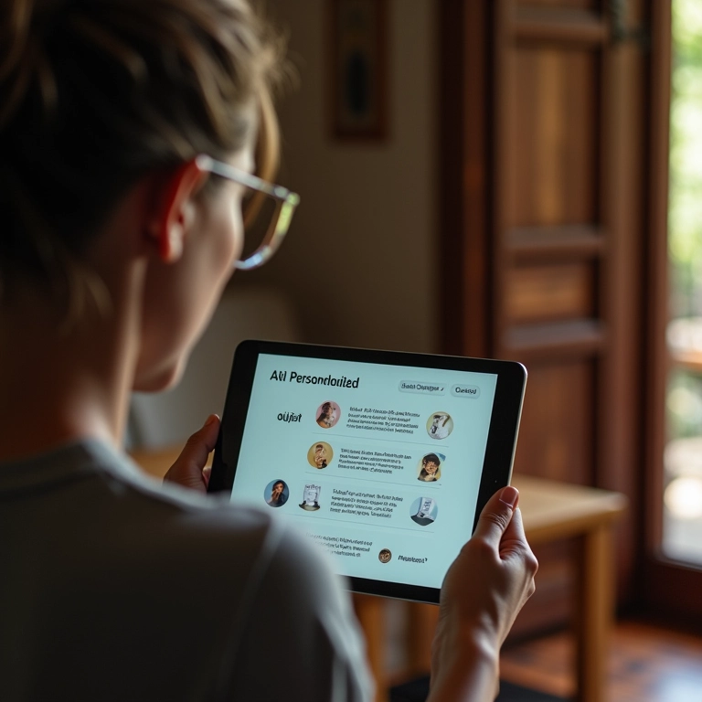 Mulher interagindo com quiz personalizado em tablet, com recomendações inteligentes.