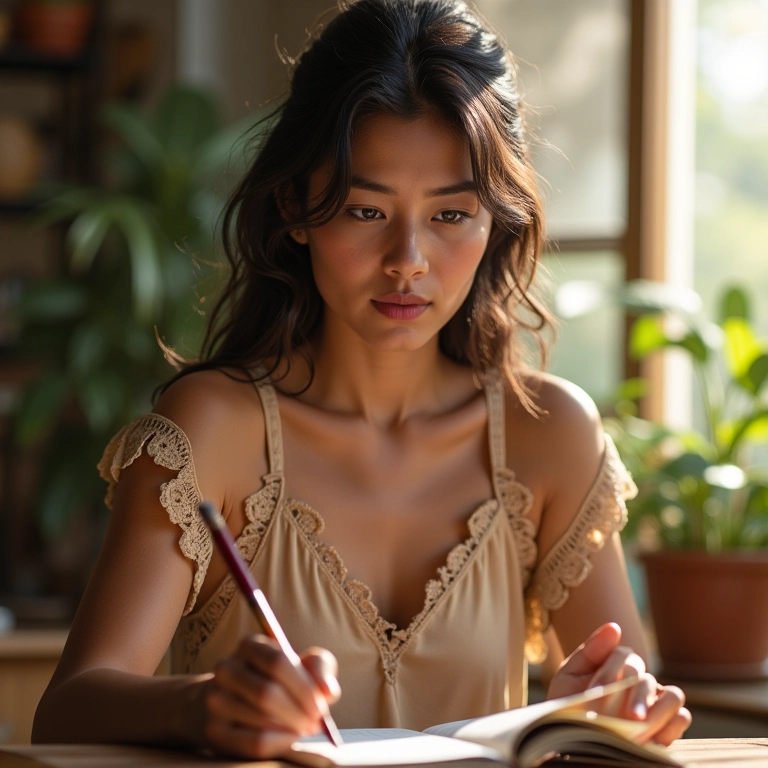 Mulher jovem escrevendo em diário em um quarto ensolarado, praticando o autoconhecimento.