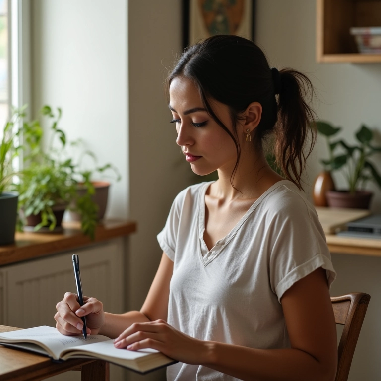 Mulher jovem refletindo em seu apartamento estilo 'Farm Rio' em São Paulo, praticando autoconhecimento.