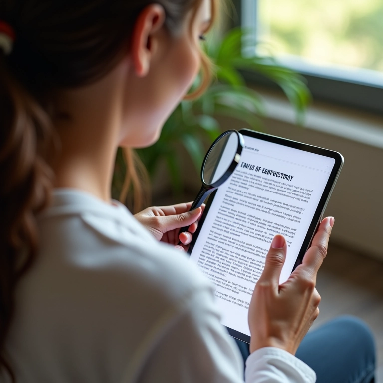 Mulher lendo termos de serviço em tablet, representando direito à informação clara no e-commerce.