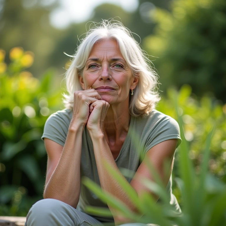 Mulher madura refletindo em um jardim exuberante, alívio do estresse.