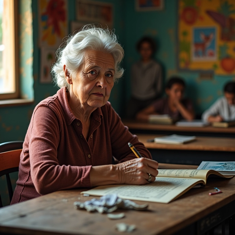 Mulher mais velha estudando em sala de aula simples, representando a desigualdade social.