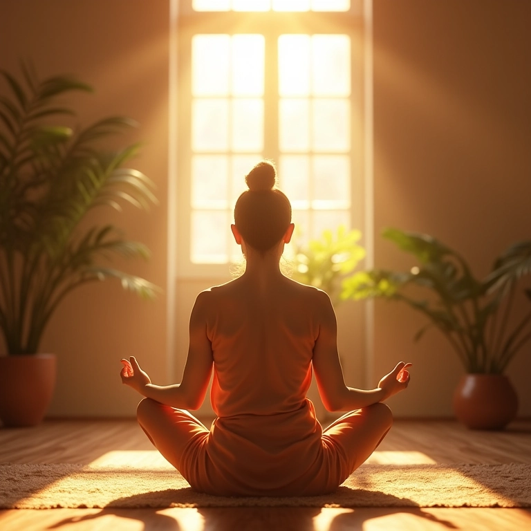 Mulher meditando em ambiente tranquilo, buscando autoconhecimento.