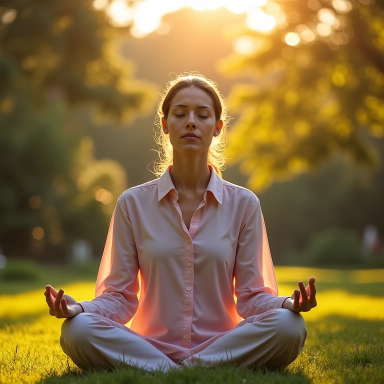 Mulher meditando em um jardim tranquilo, buscando autoconhecimento.