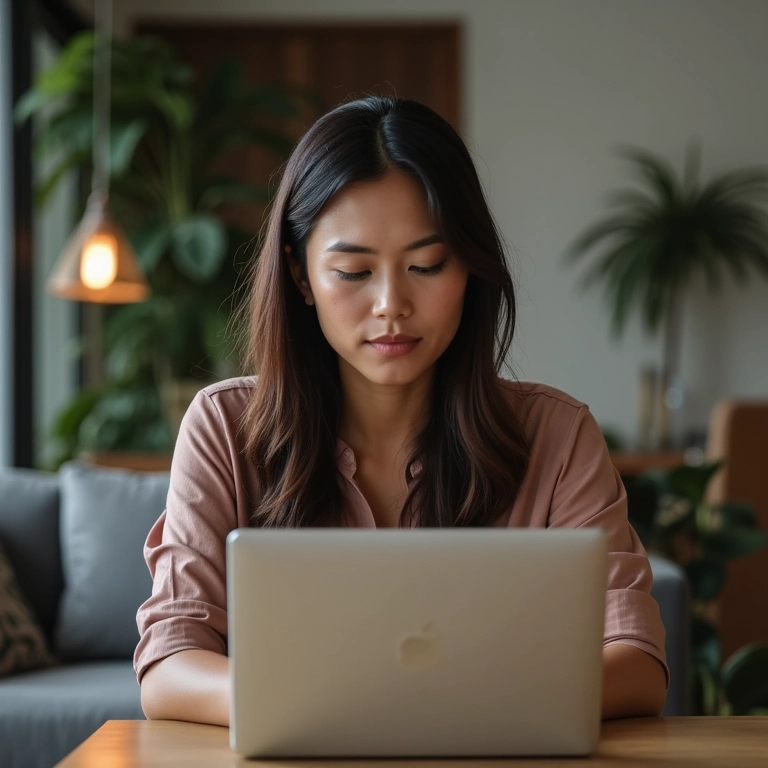 Mulher monitora reputação online em SP no laptop.