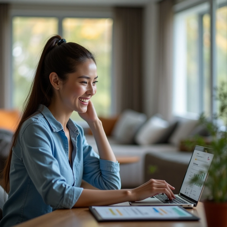 Mulher monitorando orçamento com software financeiro, controlando as finanças.