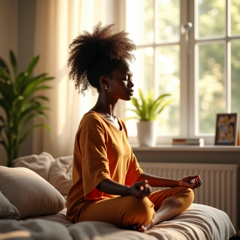 Mulher negra meditando e relaxando em casa para reduzir o estresse e ansiedade.