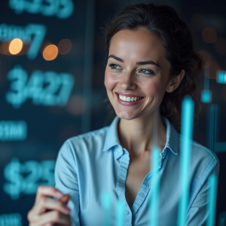 Mulher olhando gráfico de crescimento positivo, representando a saúde financeira da empresa com consultoria.