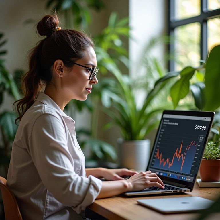 Mulher otimizando SEO de conteúdo em escritório vibrante com design brasileiro.