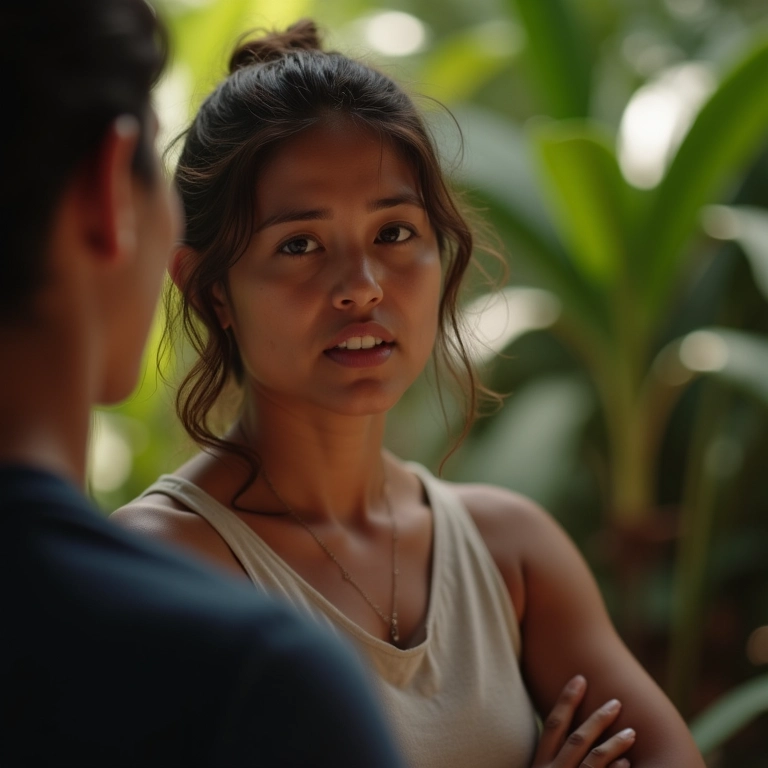 Mulher ouvindo atentamente, concentrada, em ambiente colorido.