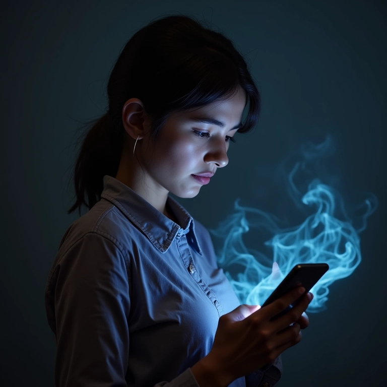 Mulher pensativa vendo redes sociais, refletindo sobre a ilusão online.