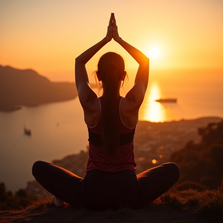 Mulher praticando yoga ao nascer do sol no Rio de Janeiro, expressando gratidão.