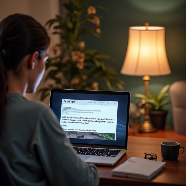 Mulher preocupada olhando para um e-mail de phishing.