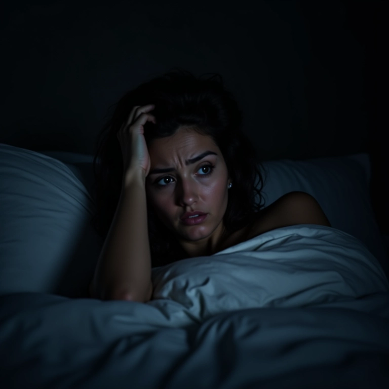 Mulher preocupada se revirando na cama, insônia causada pelo estresse.