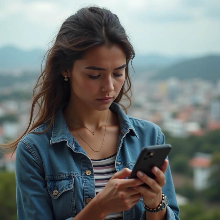 Mulher recebe alerta de crime cibernético no smartphone.