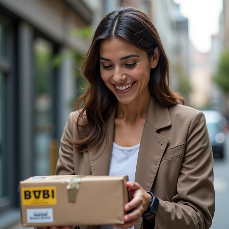 Mulher recebendo encomenda e conferindo o tempo, representando o direito à entrega no prazo no e-commerce.