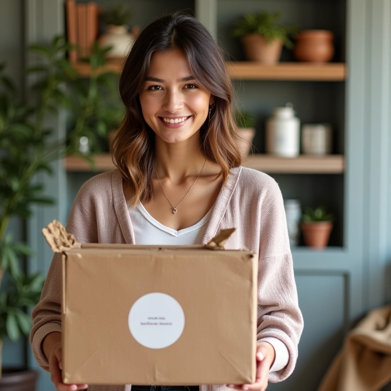 Mulher recebendo uma caixa de assinatura lindamente organizada em um ambiente vibrante.