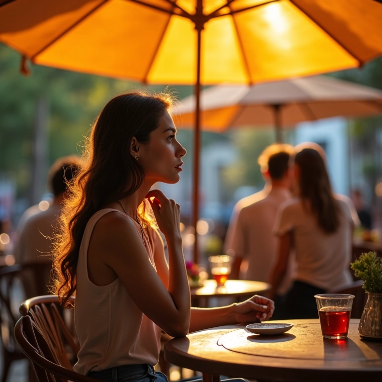 Mulher recusando um pedido em um café ensolarado no Rio.