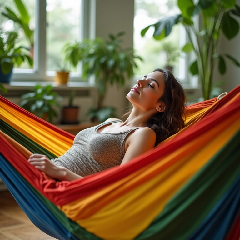 O poder do ócio: por que “não fazer nada” é essencial para a resiliência Mulher relaxando em rede colorida, simbolizando o ócio e a resiliência.