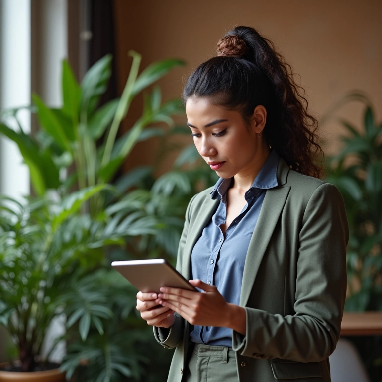 Mulher revisa checklist de conformidade com a LGPD em tablet.