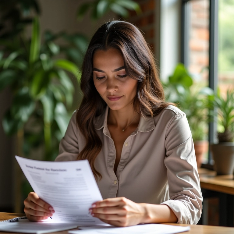 Mulher revisando documentos de empréstimo, representando capital de terceiros.
