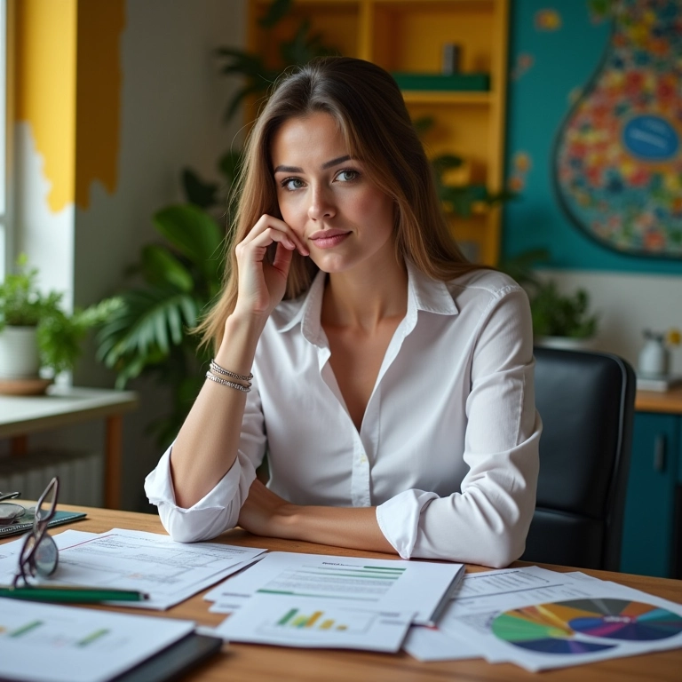 Mulher revisando relatórios financeiros em home office com decoração vibrante, simbolizando proteção patrimonial.