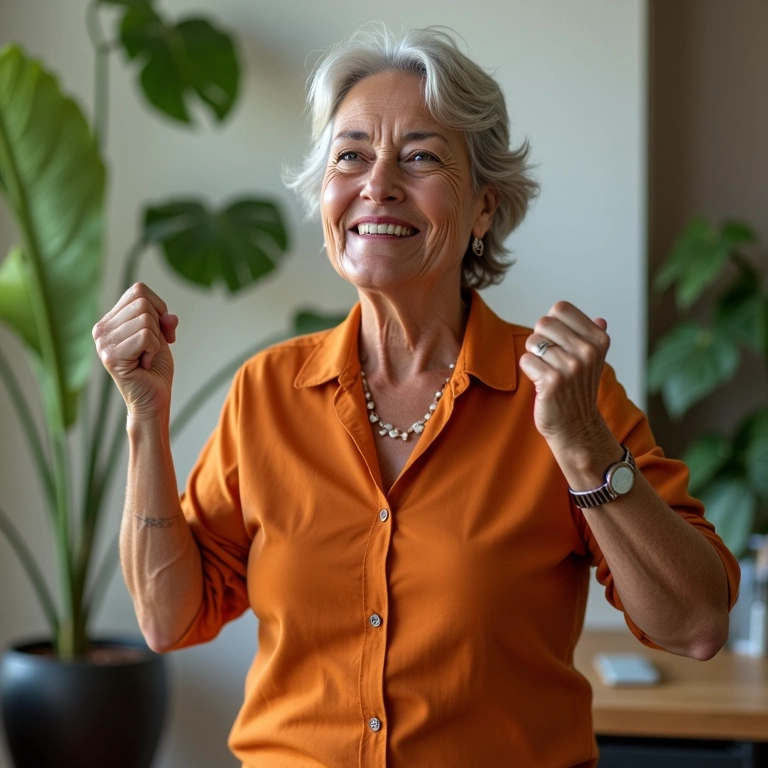 Mulher se sente energizada após uma rotina de alongamento no escritório de casa.